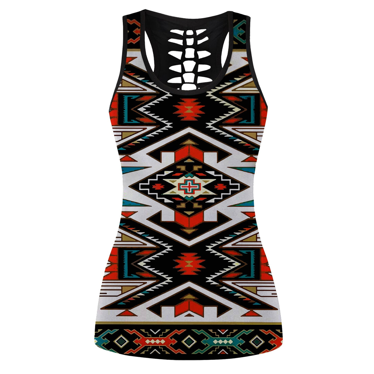 Women’s hollow tank top, black with colorful tribal geometric Native American pattern