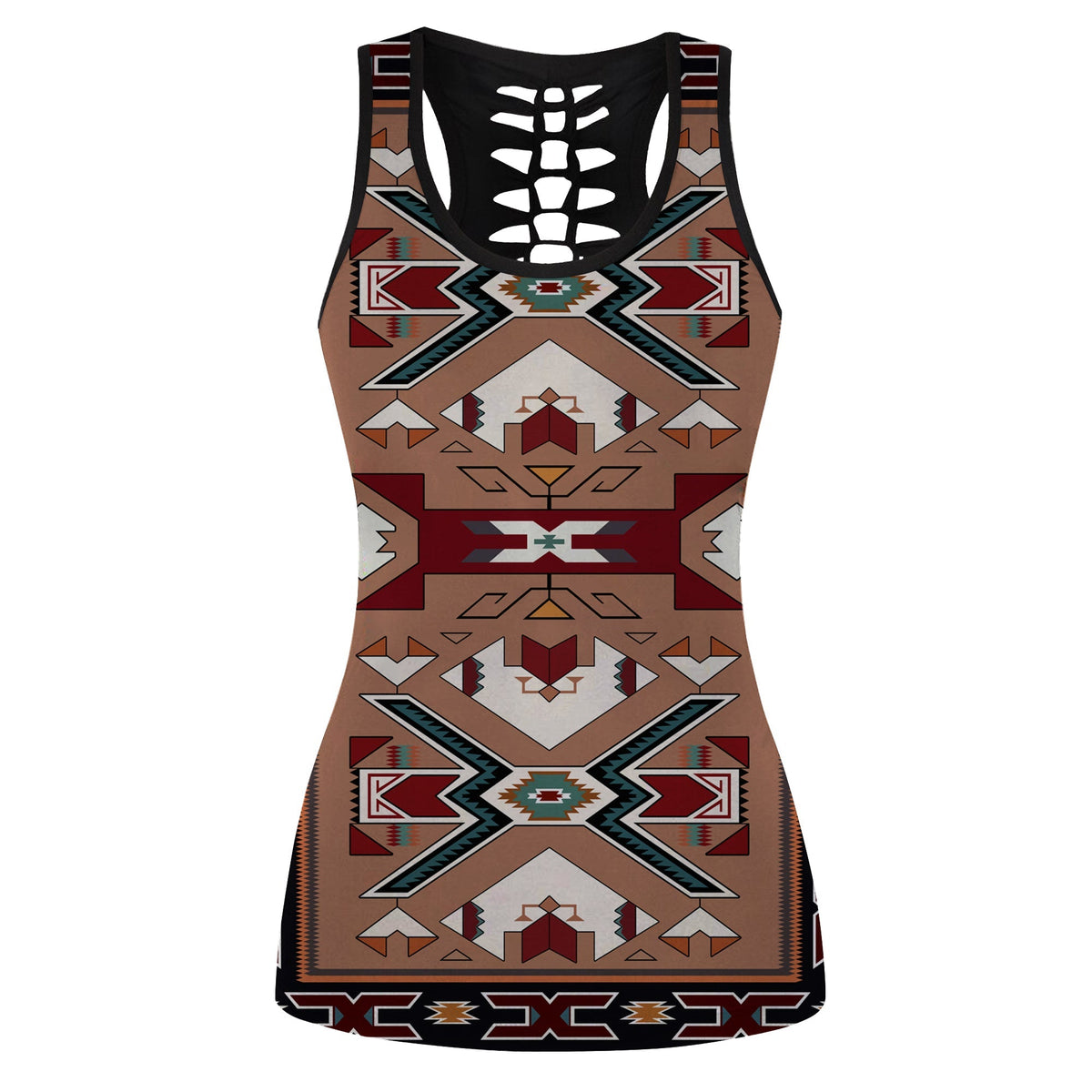 Women’s black hollow tank top, multicolor geometric native print