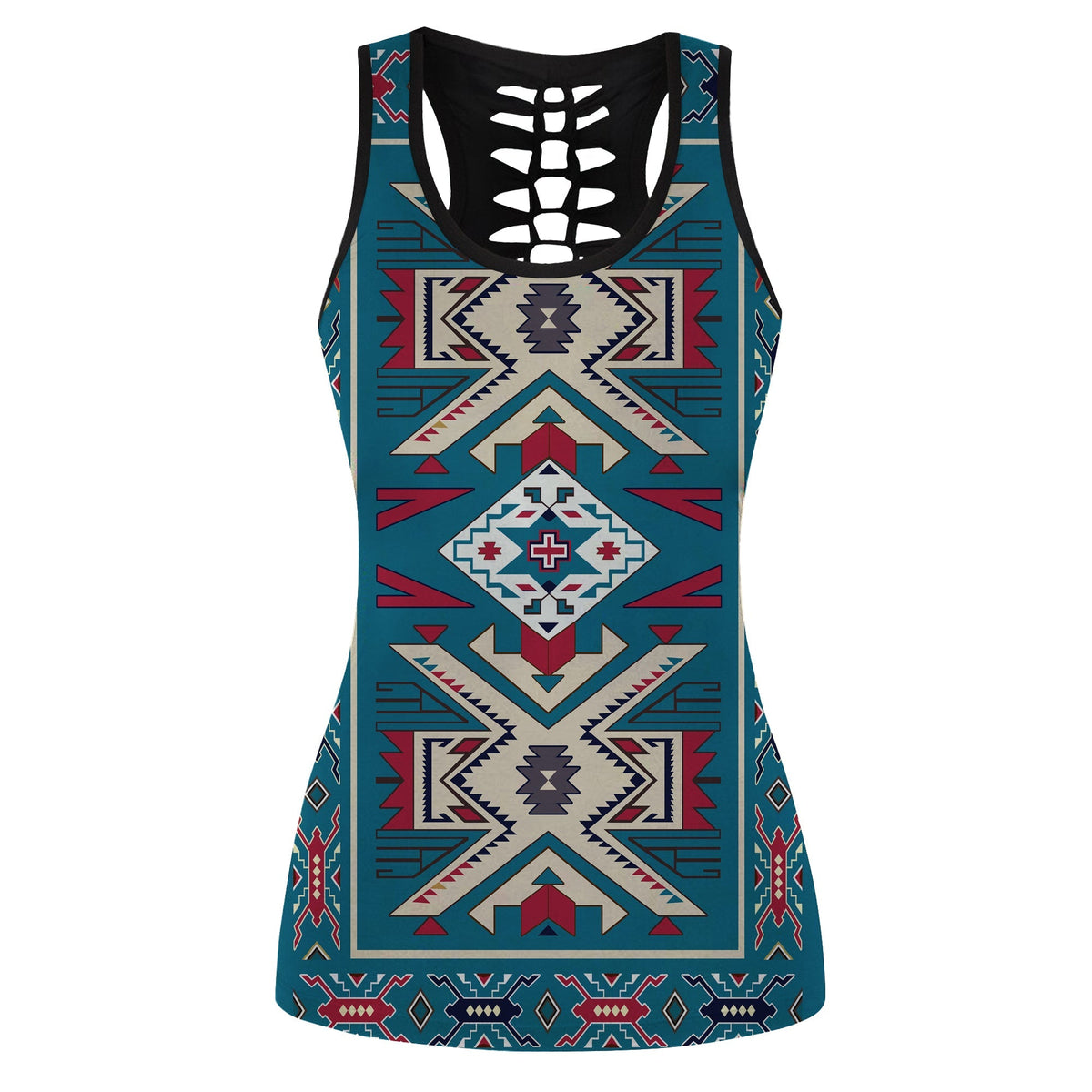 Multicolor Native American print hollow tank top with crisscross lace cutout