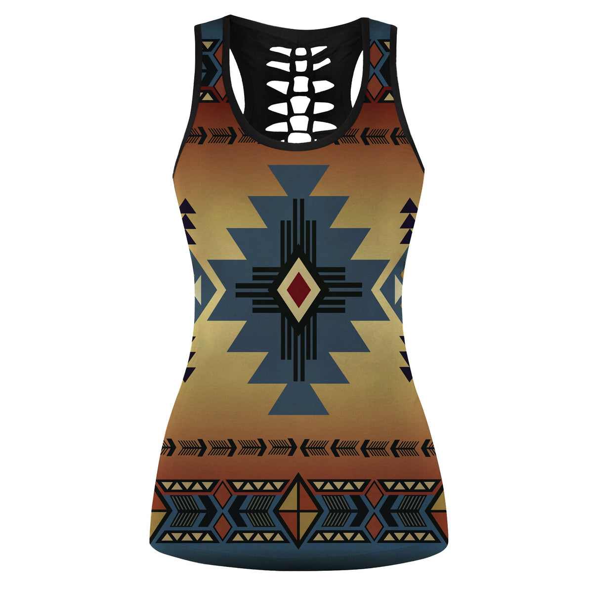 Women's native-inspired graphic hollow tank top, Southwest symbol on blue and black