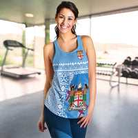 Blue women’s racerback tank front view with white tapa pattern stripes and crest illustration