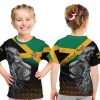 Kids black T-shirt with green/yellow Jamaican stripes and grey lion graphic