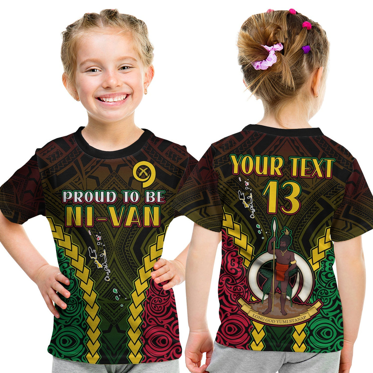 Kids Vanuatu T-shirt, black with 'Proud to be NI-VAN' neon patterned print