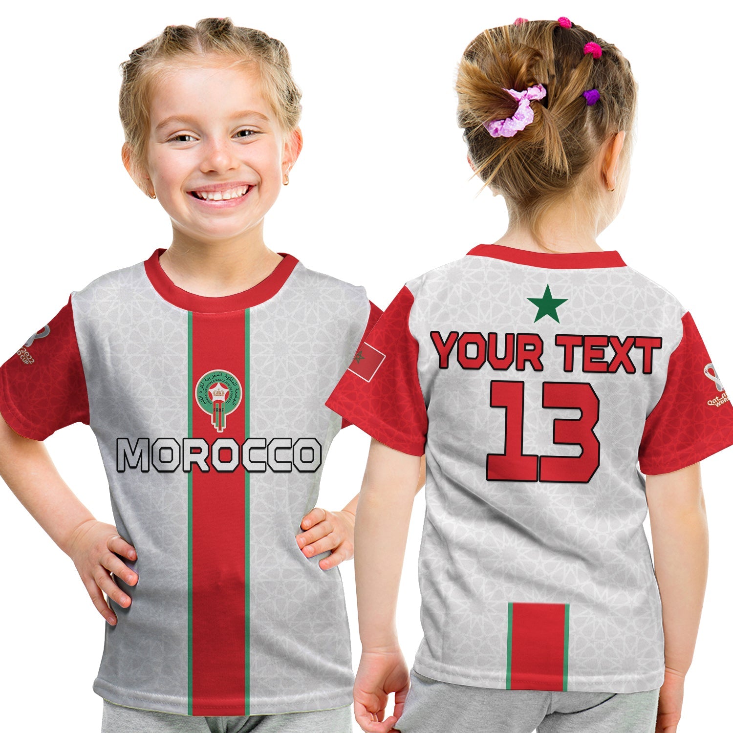 (Custom Text and Number) Morocco Football T Shirt KID World Cup 2022 Soccer Lions de l'Atlas Champions LT13 - Wonder Print Shop