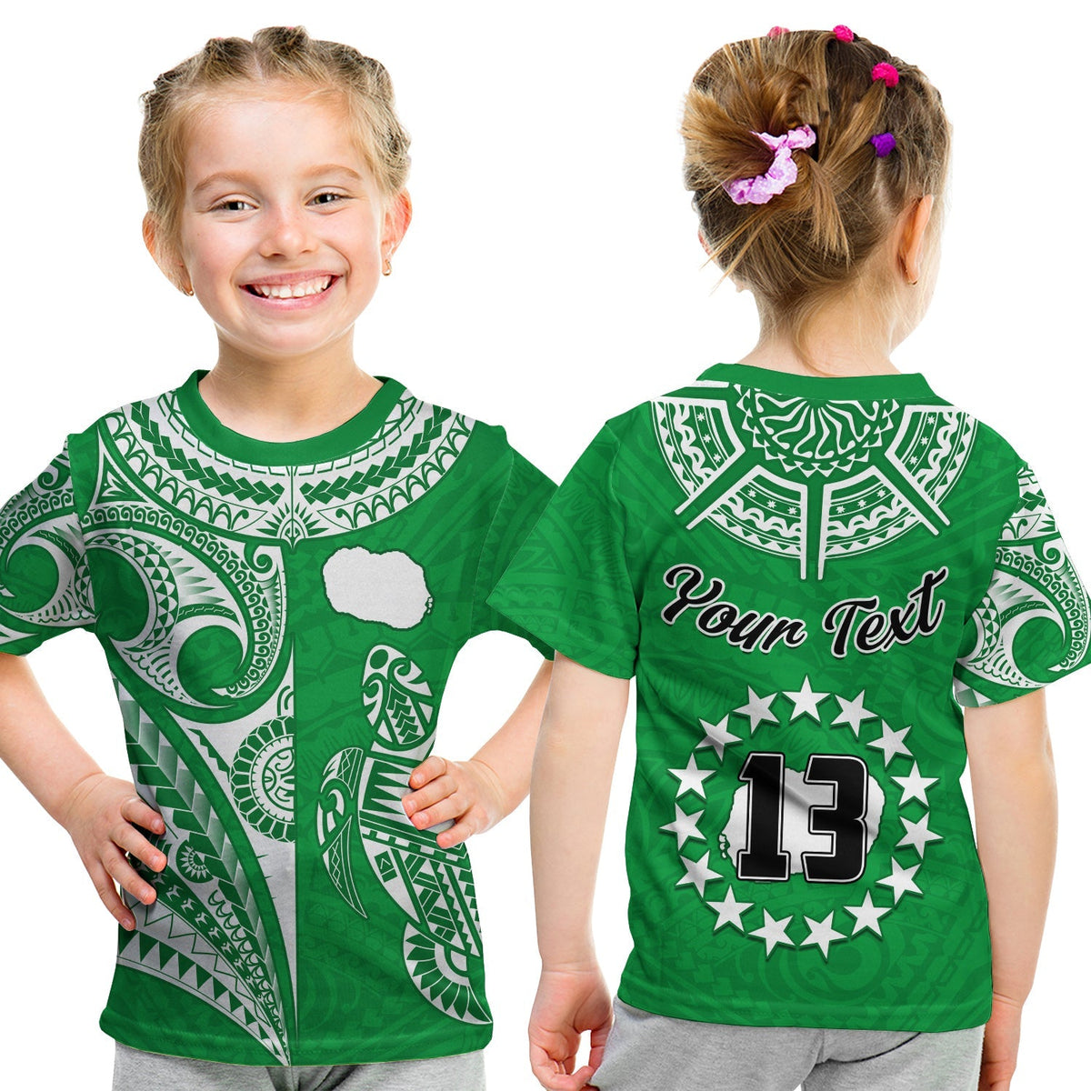 Green kids' t-shirt: front turtle/map graphic; back 'Your Text 13' star badge