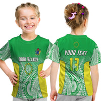 Kid green graphic T-shirt with Cook Islands front and back “YOUR TEXT 13”