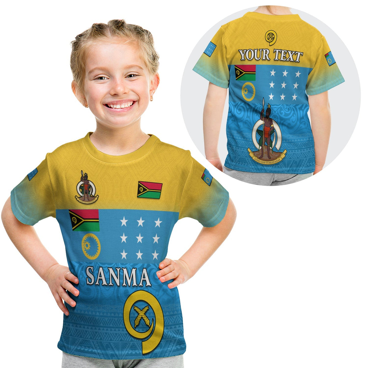 Kid Sanma T-shirt back print: YOUR TEXT over blue star banner, yellow-to-blue gradient