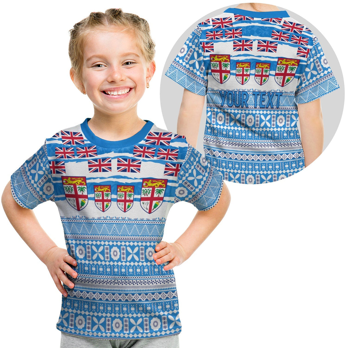 Kids blue T-shirt with Polynesian flag-and-shield pattern, short sleeves