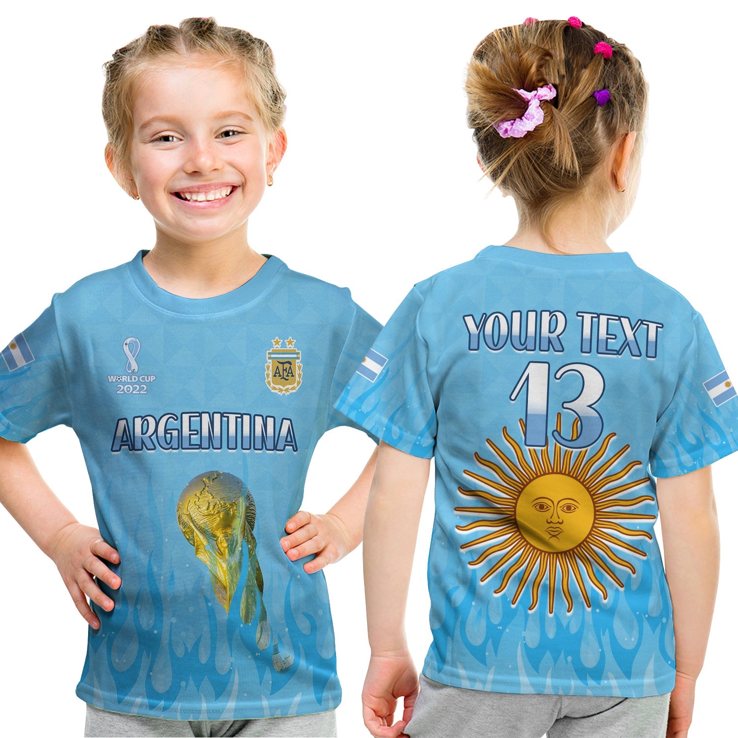 custom-text-and-number-argentina-football-t-shirt-kid-vamos-sky-champions-world-cup-fire