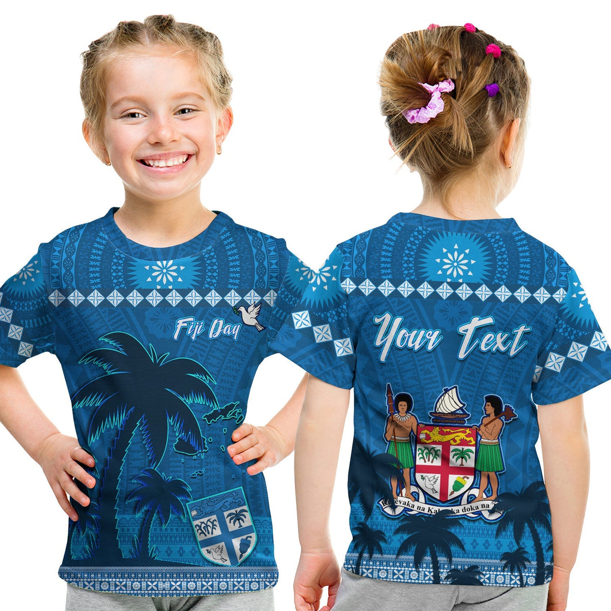Kids blue T-shirt with palm tree and tribal pattern, 'Fiji Day' print