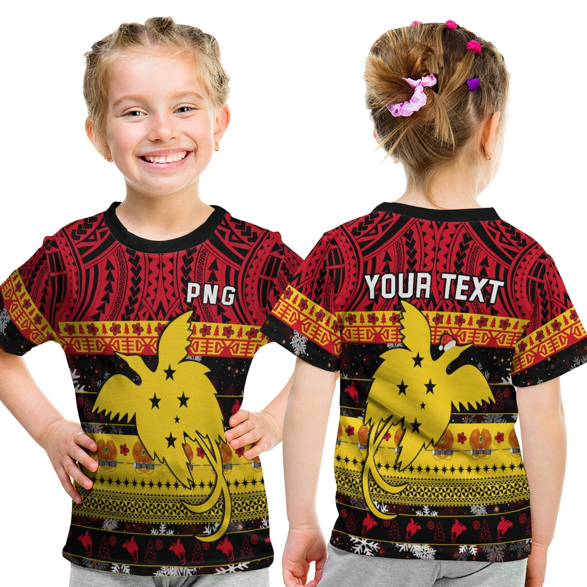 Kids black Christmas T-shirt: PNG graphic with yellow bird and red patterned sleeves
