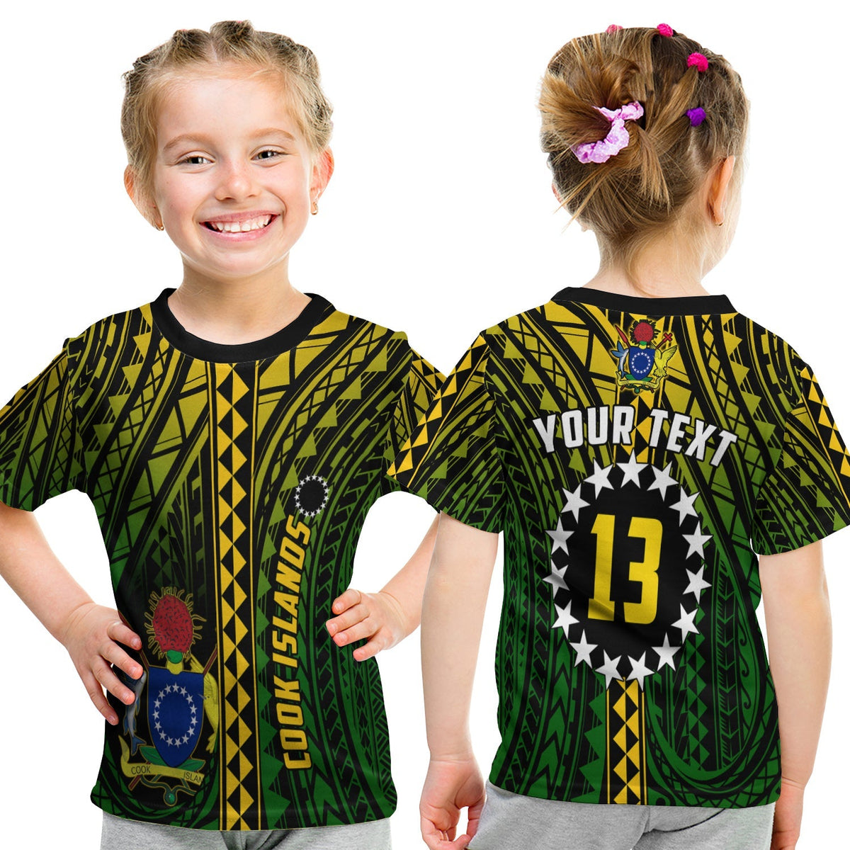Kid T-shirt black with green Polynesian pattern; back star circle shows '13'.