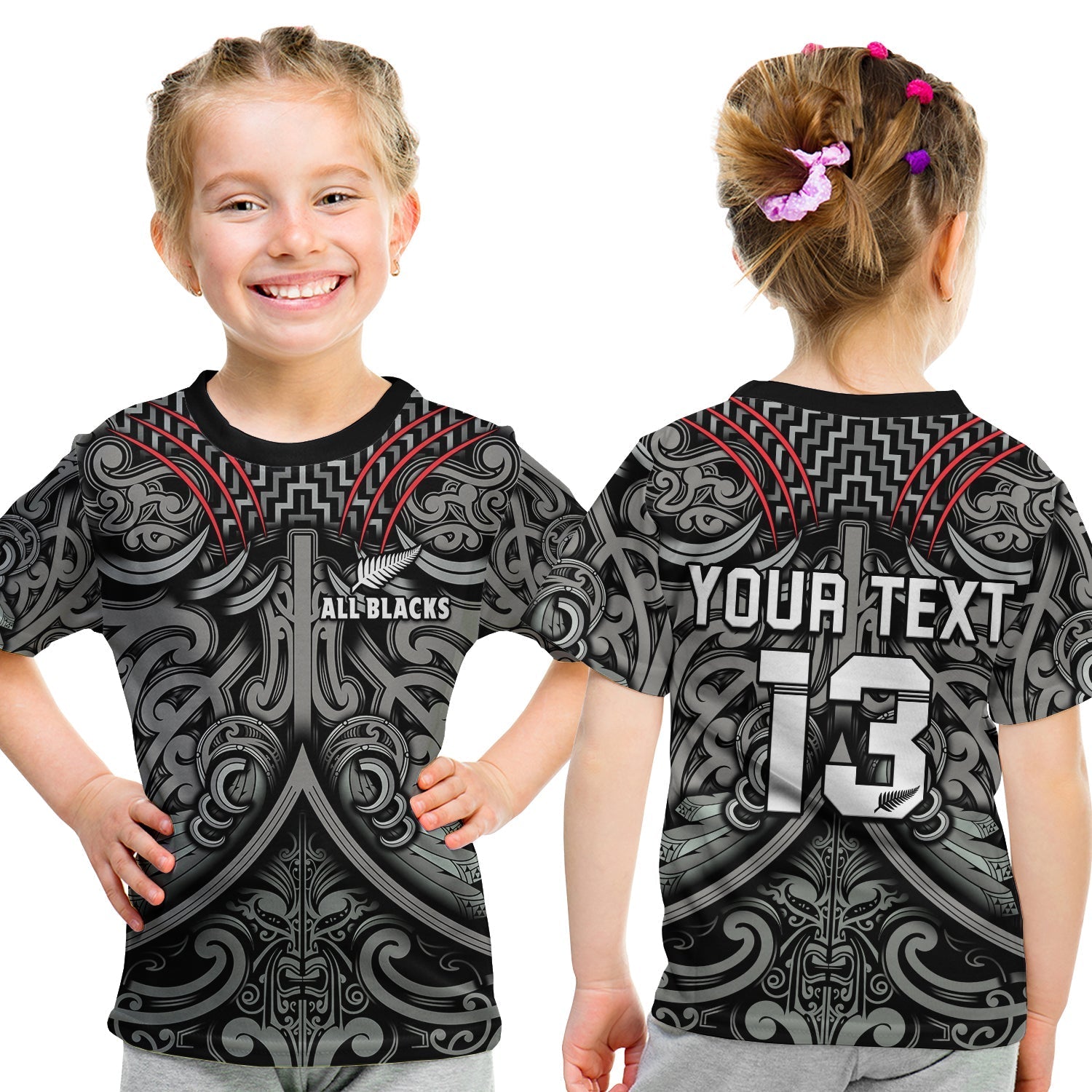 Custom Text and Number New Zealand Silver Fern Rugby T Shirt KID All Black NZ Maori Pattern LT13 - Wonder Print Shop