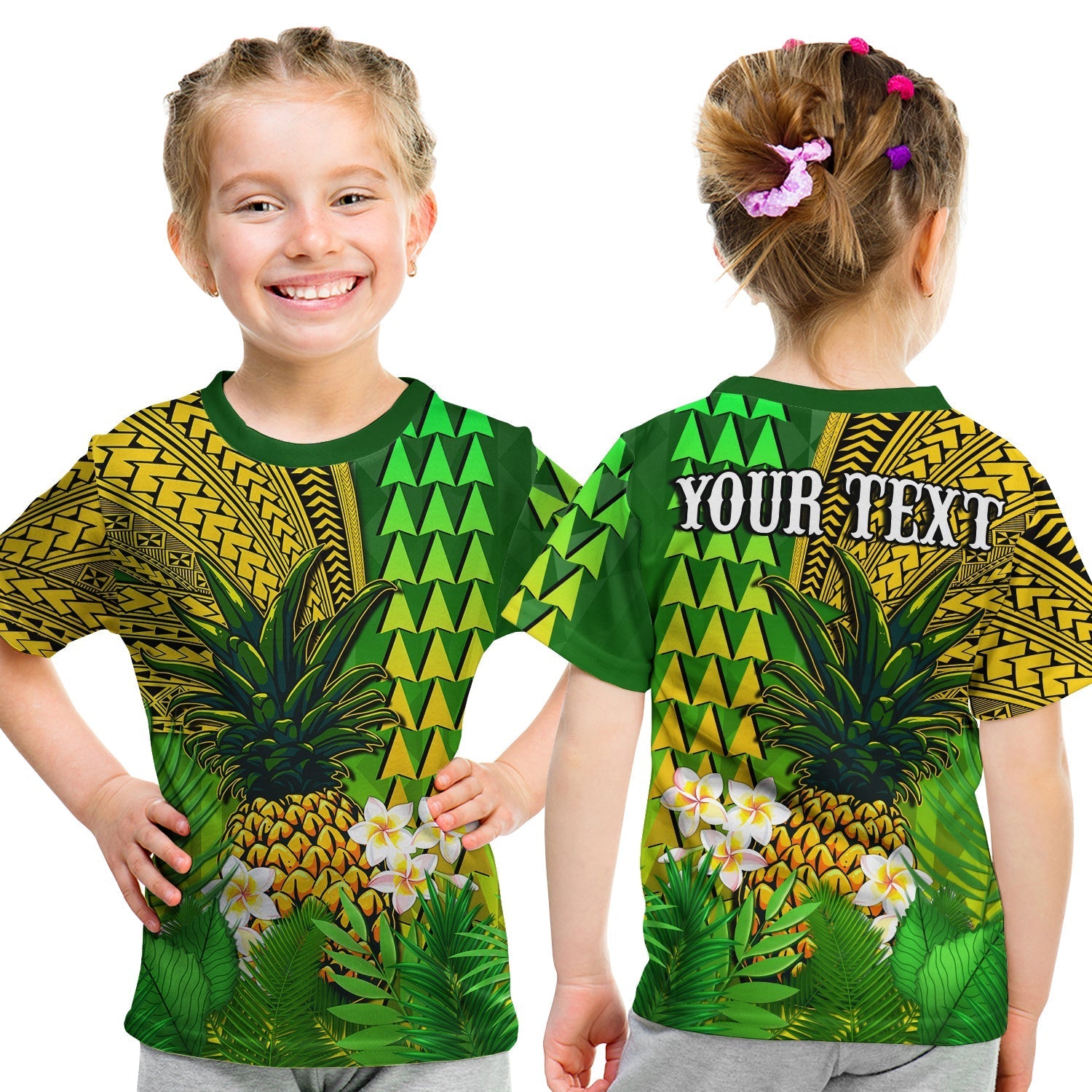 custom-personalised-hawaii-pineapple-t-shirt-kid-plumeria-frangipani-mix-tribal-pattern