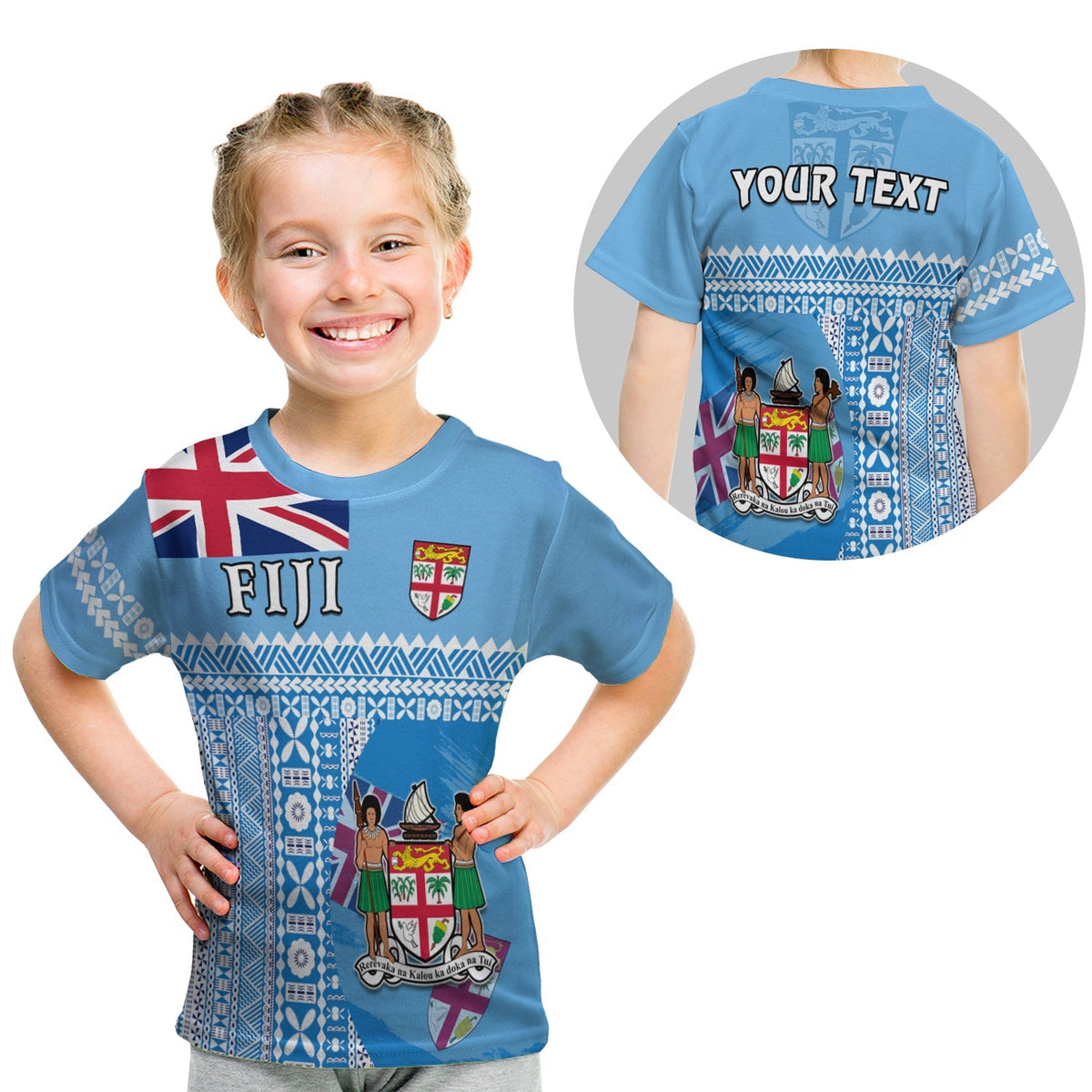 Kids blue Fiji graphic T-shirt with Union Jack, crest shield and decorative pattern