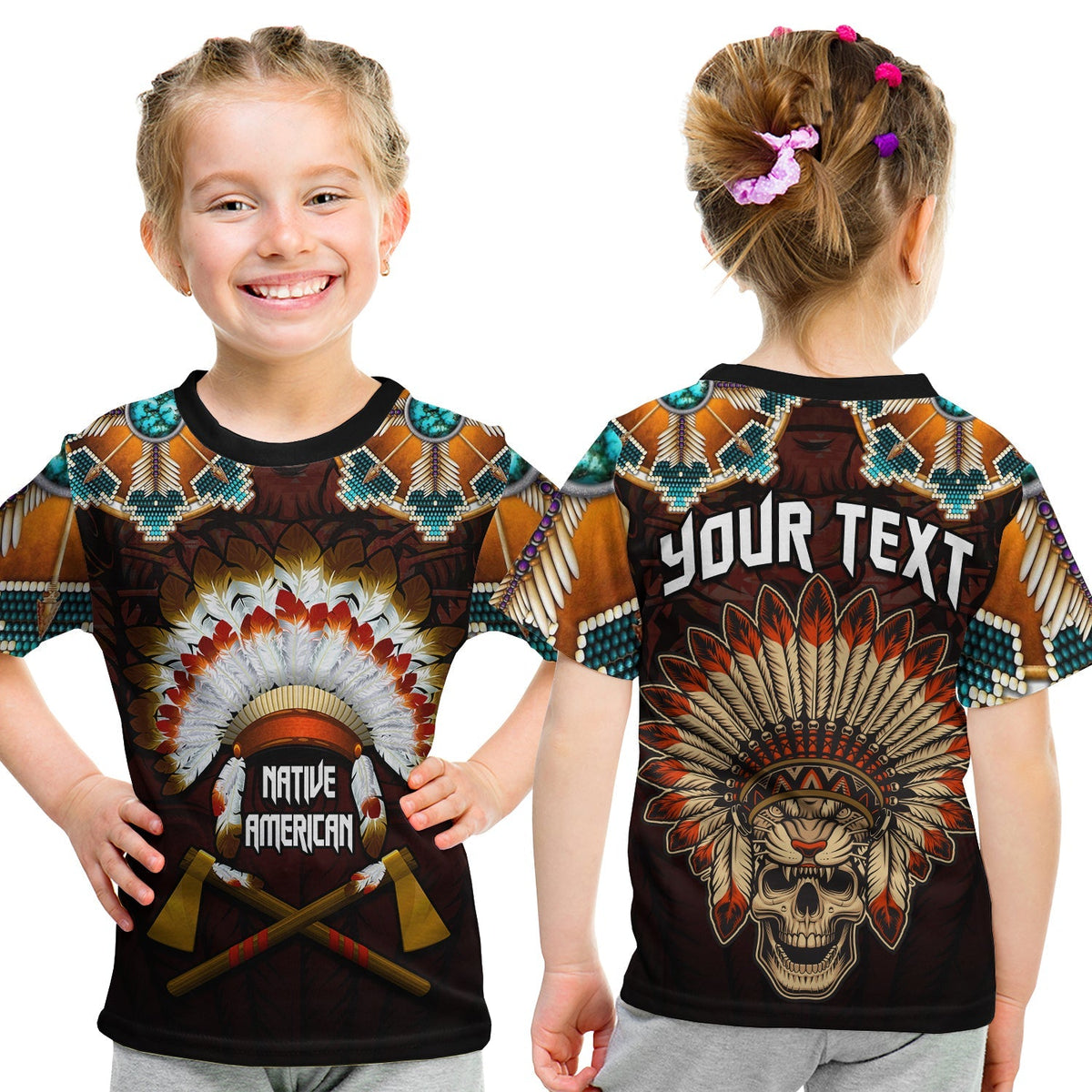 Kids T-shirt (Brown): Native American headdress with skull graphic