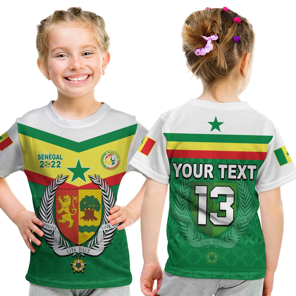 Kids sporty T-shirt (gray) with Senegal crest, star, laurel and coat of arms