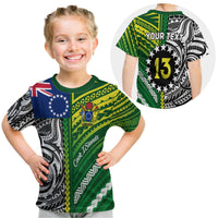 Green kid t-shirt with Cook Islands script, Polynesian motifs, crest and number 7
