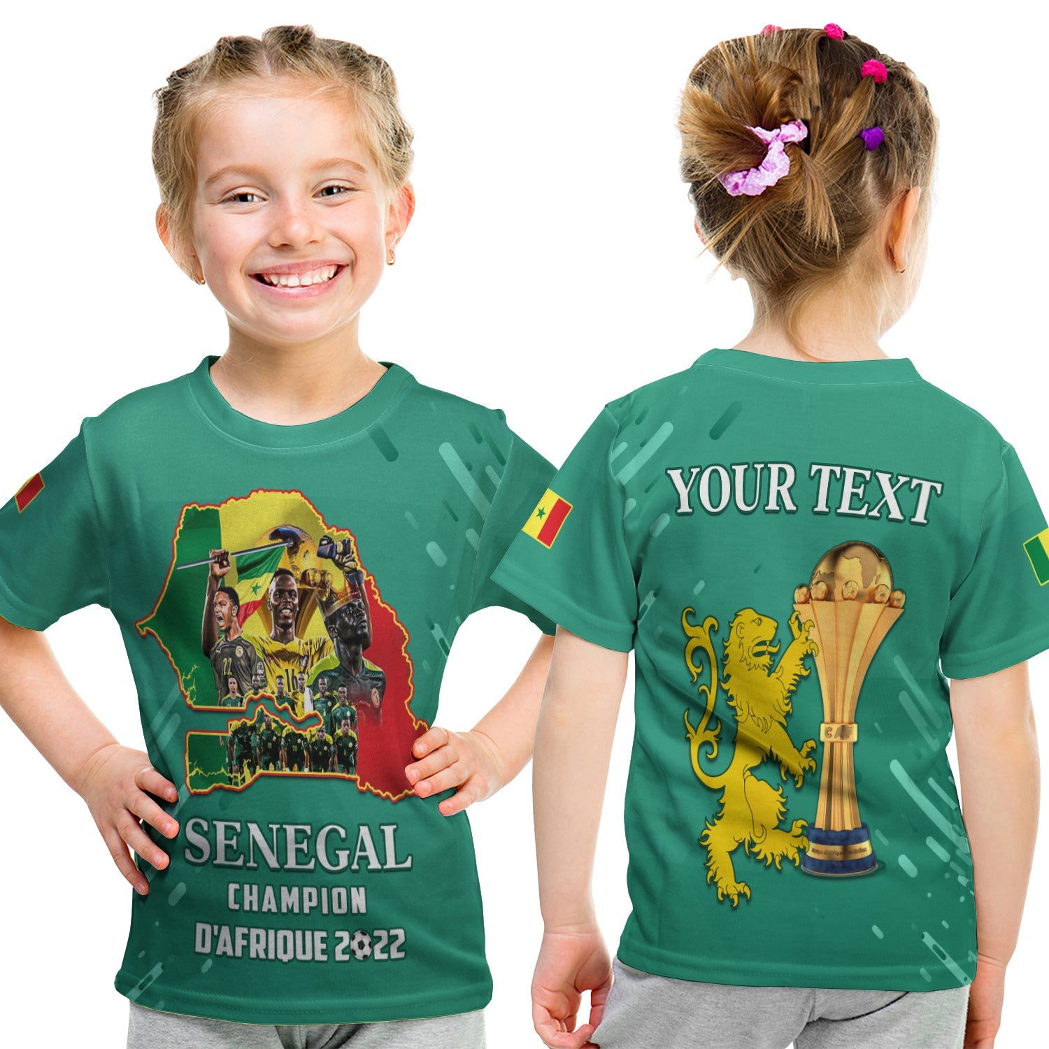 (Custom Personalised) Senegal Football T Shirt KID The Champions 2022 Style Map and Lion LT13 - Wonder Print Shop