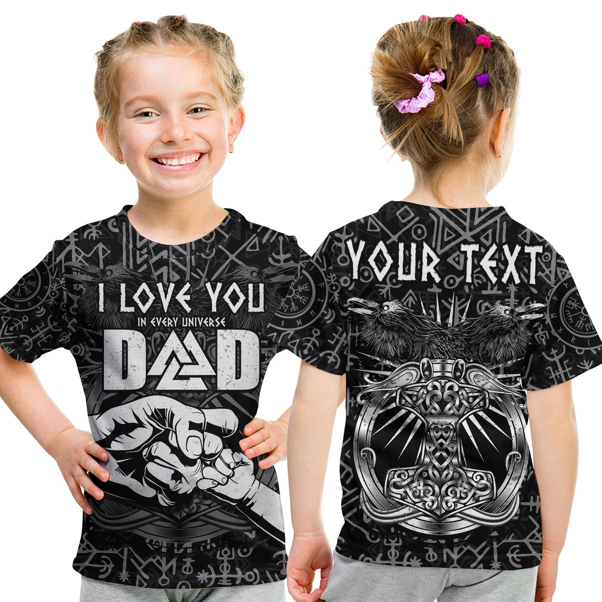 Kids black T-shirt: I LOVE YOU DAD, rune patterns and fist graphic