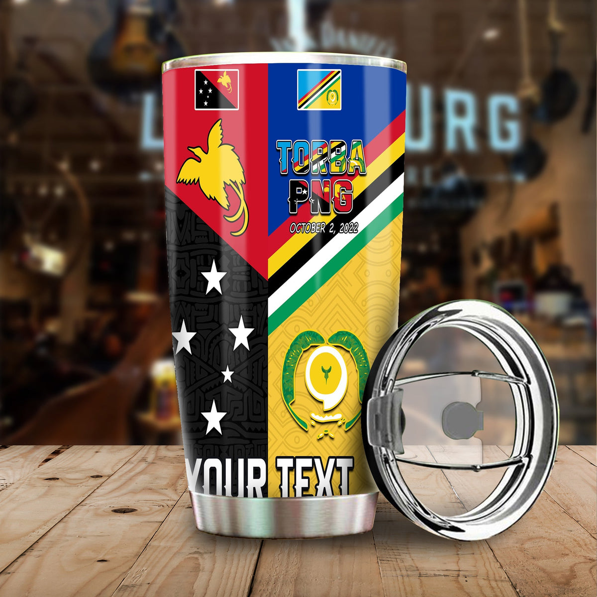 Insulated tumbler with multicolor graphic and matching lid, stainless steel finish