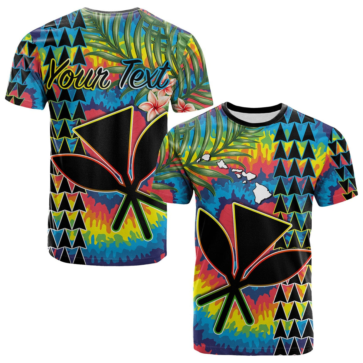 Adult tie-dye T-shirt: flowers, tribal starburst and 'Your Text' print