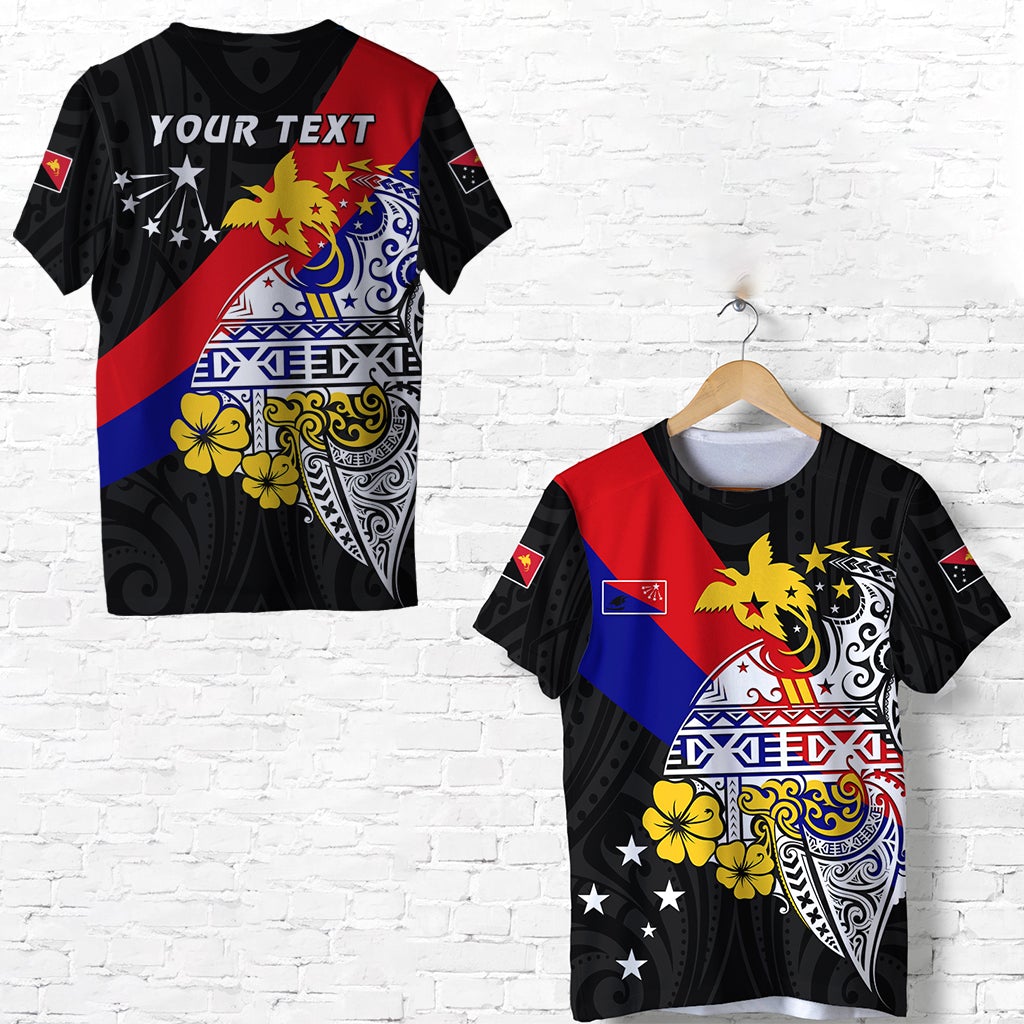 Black graphic T-shirt with red-blue diagonal flag design and custom text area