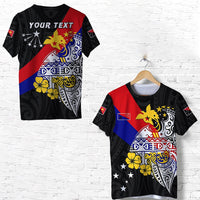 Black graphic T-shirt with red-blue diagonal flag design and custom text area