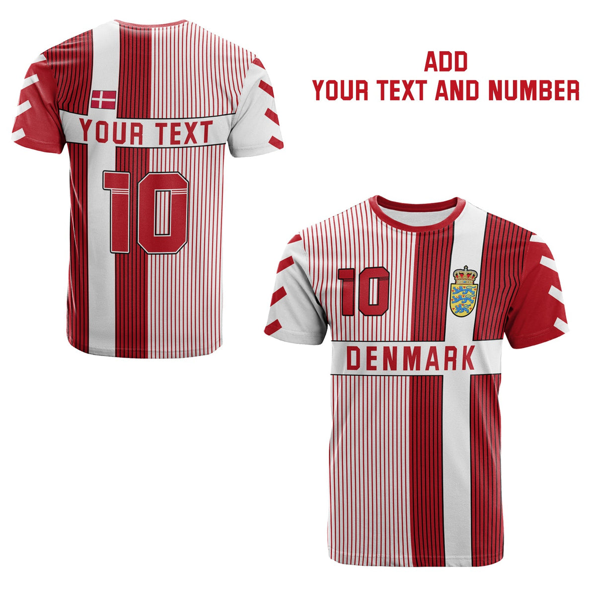 Custom Denmark football T-shirt, red/white vertical stripes, back text and number 10