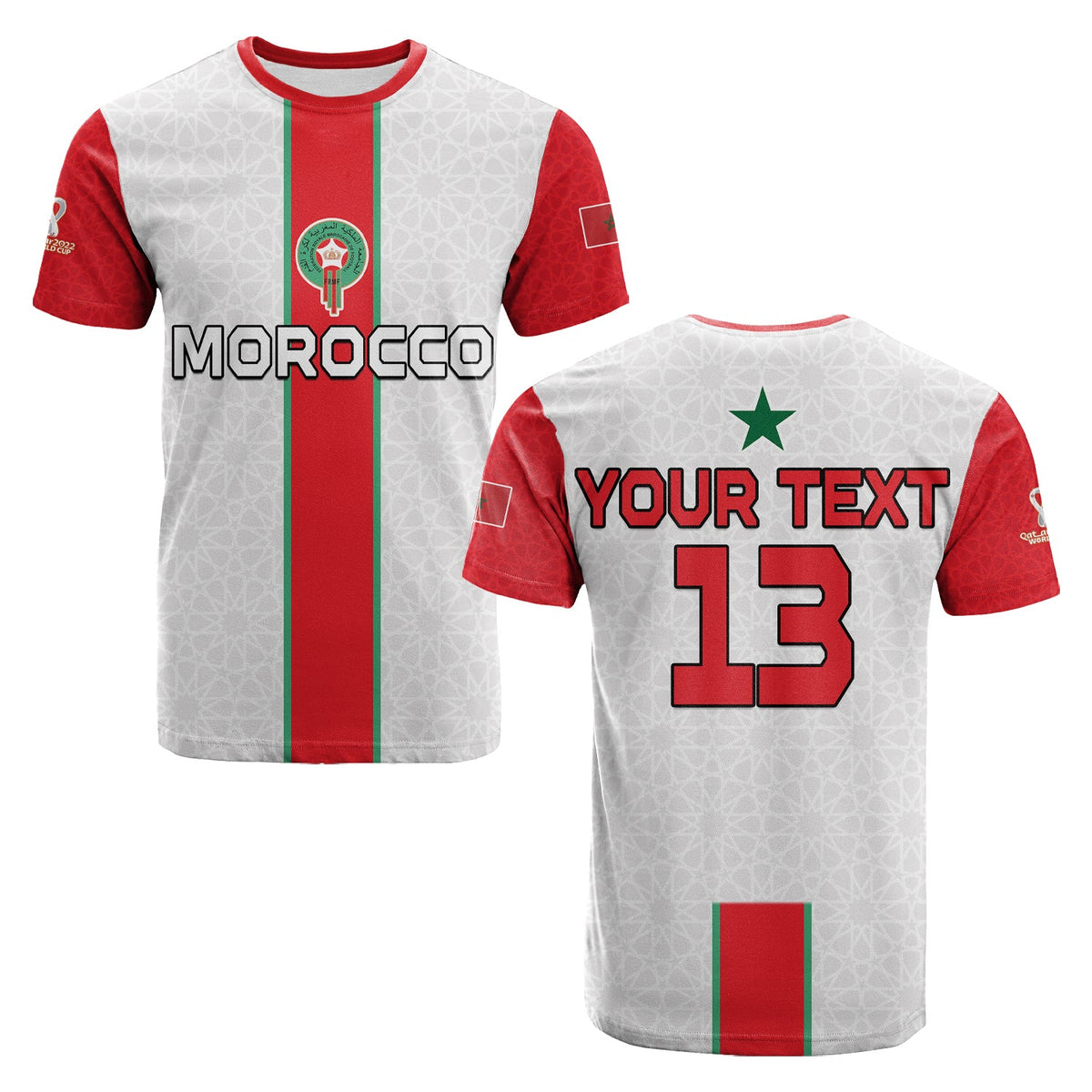 Morocco football t-shirt in white with red sleeves, red collar, vertical flag stripe front.