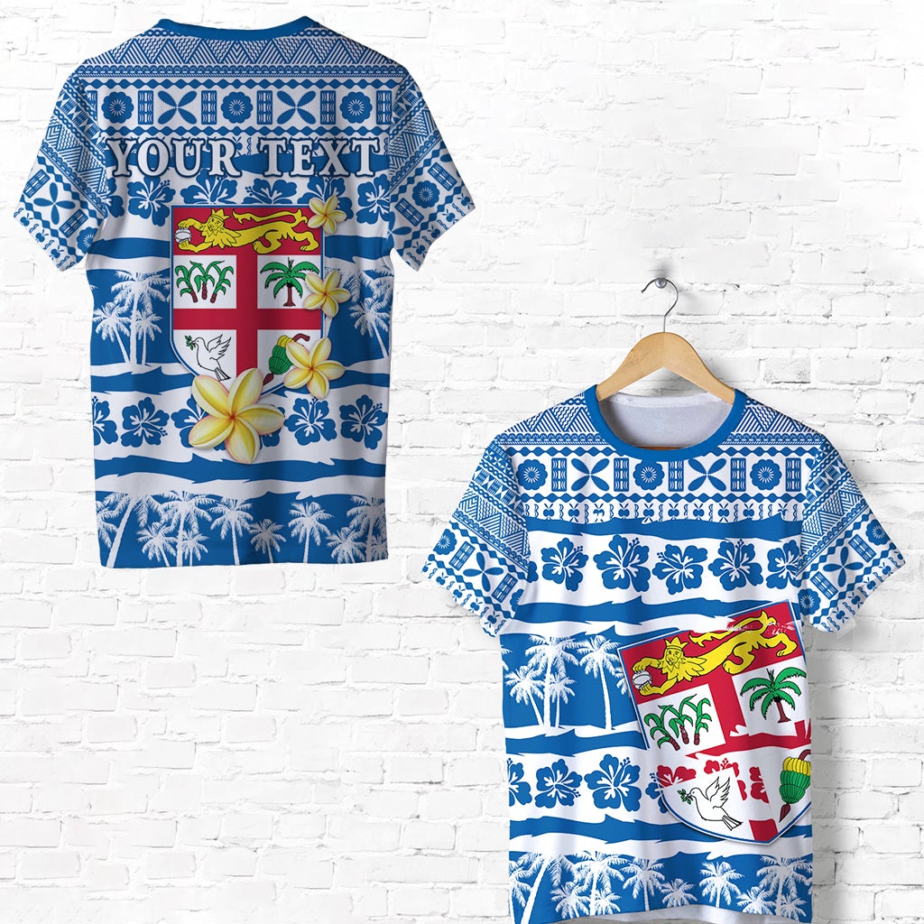 Blue Fiji tapa T-shirt set: adult and kid sizes, front prints
