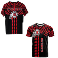 Black T-Shirt mit rotem Tribal-Muster, rundem K-Logo und YOUR TEXT Aufdruck