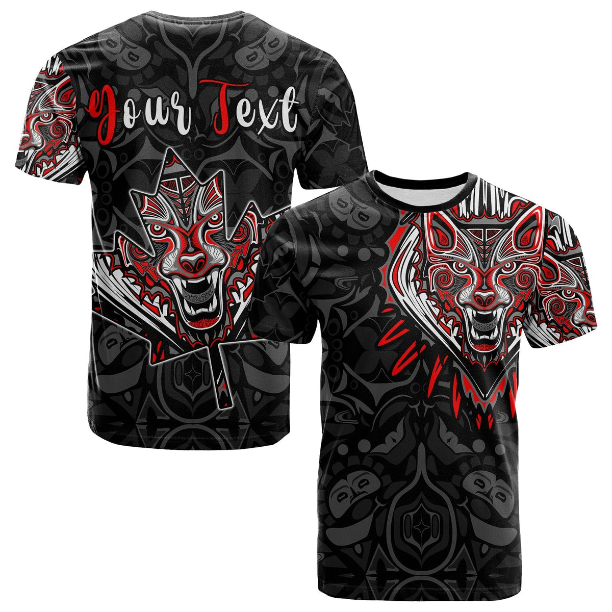 Adult black T-shirt with red-and-white wolf front graphic