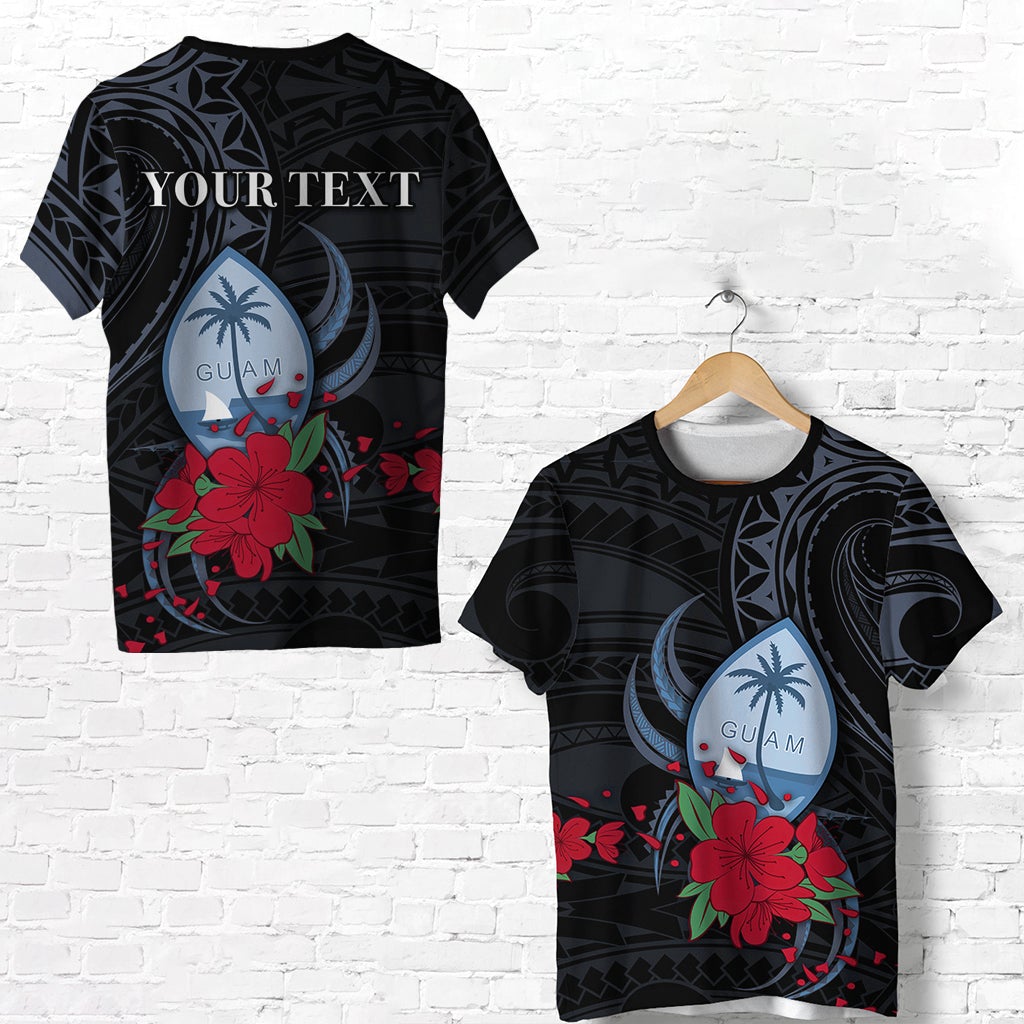 Black custom Guam T-shirt with Polynesian flowers and text design, front view