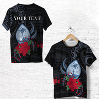 Black custom Guam T-shirt with Polynesian flowers and text design, front view