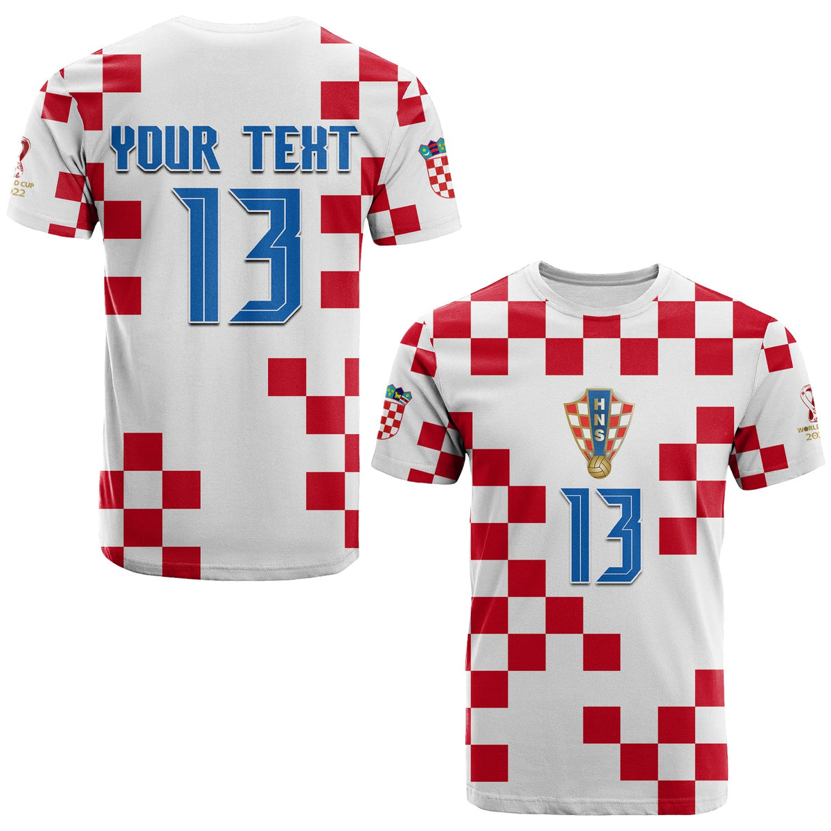 White Croatia football t-shirt with red checkered pattern and blue 13