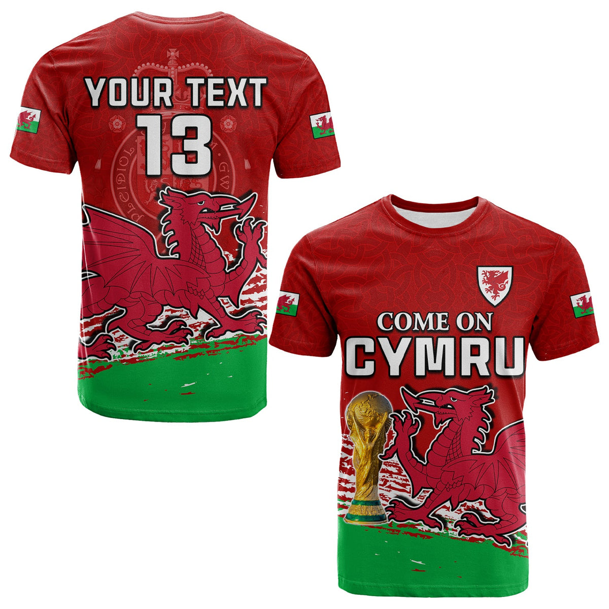 Red football T-shirt, custom text and 13 on back, dragon graphic, green hem