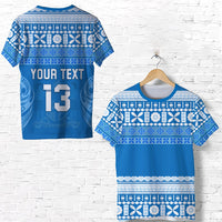 Custom Bula Fiji T-shirt blue with white tapa pattern and 'YOUR TEXT 13' print