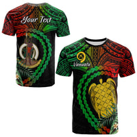 Adult black T-shirt: Polynesian turtle-heart print, front and back views, green/red patterns.