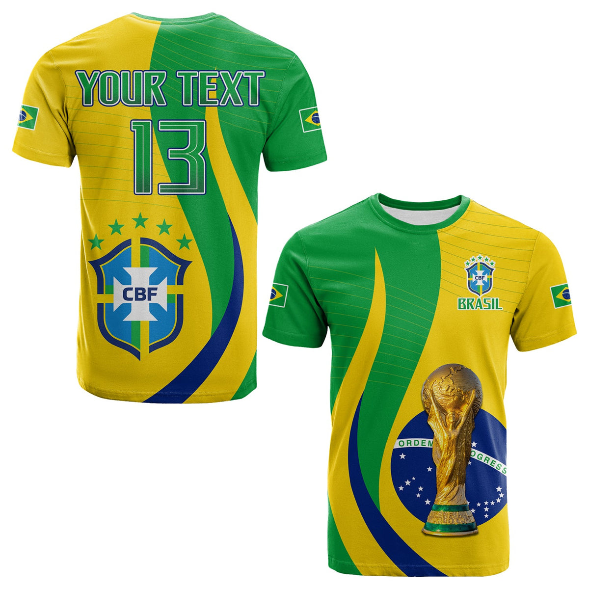 Brazil-style football T-shirt, green/yellow, back print 'YOUR TEXT' 13 and CBF crest