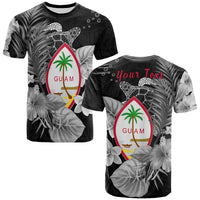 Custom Guam Seal T-shirt: Guam crest with turtle & flowers on tropical leaf print