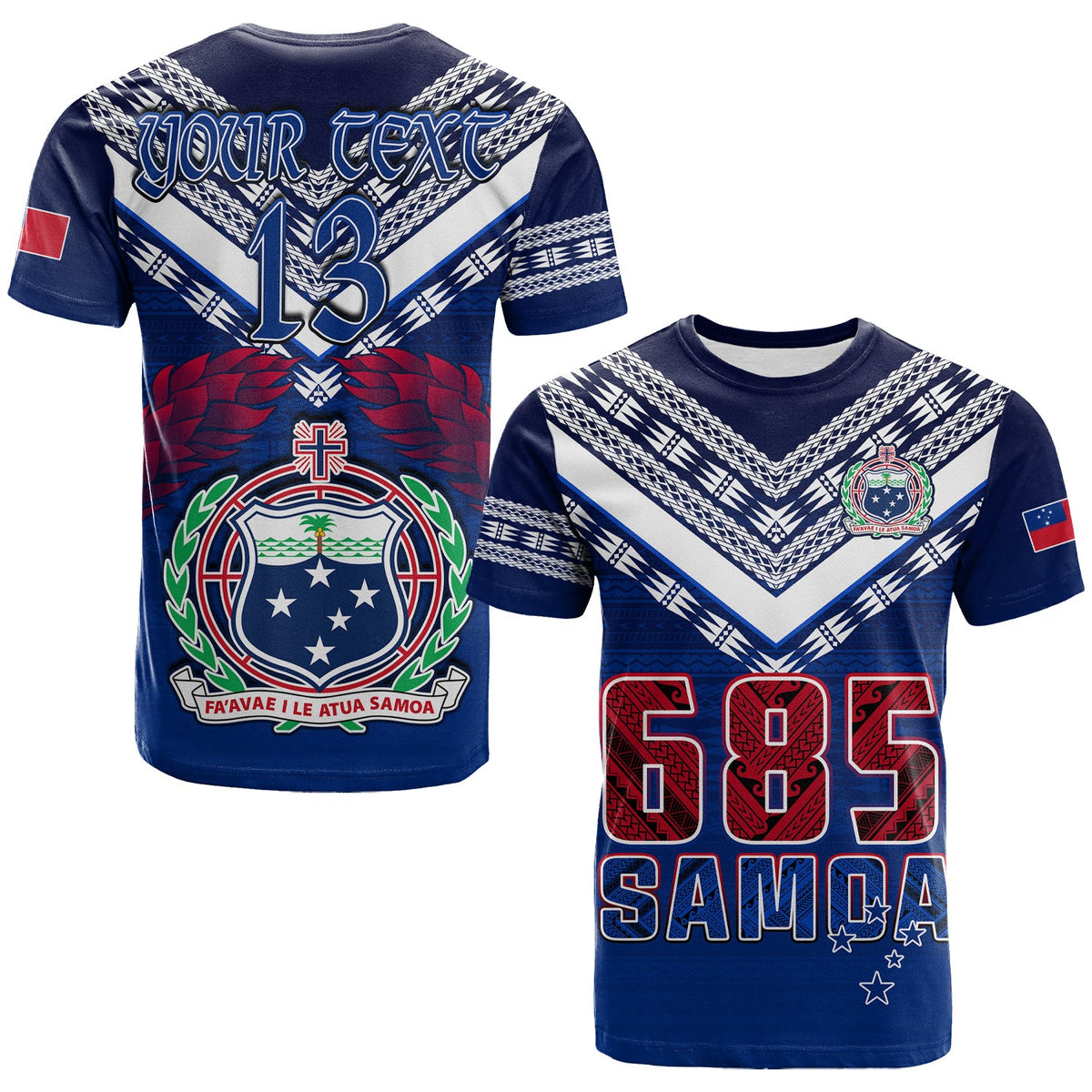 Blue rugby-style T-shirt with graphic 13 and Samoa crest on front