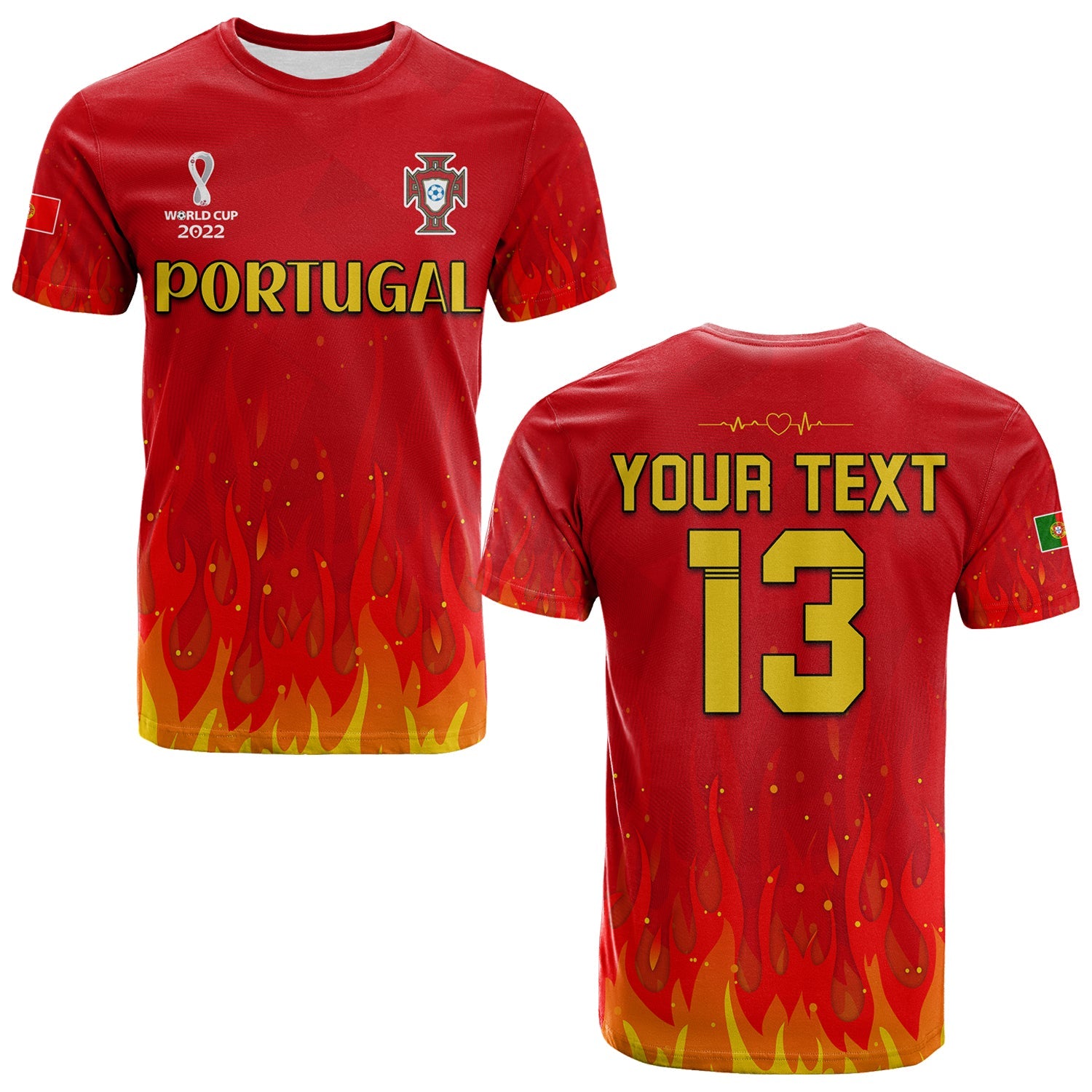 Custom Portugal Football T Shirt Champions Soccer World Cup My Heartbeat Fire LT13 - Wonder Print Shop