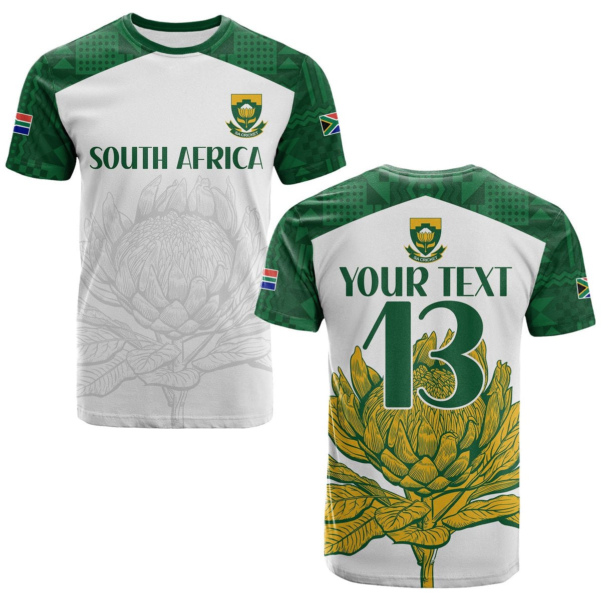 Cricket T-shirt with white front and green sleeves; 'SOUTH AFRICA' and crest, back shows '13'.