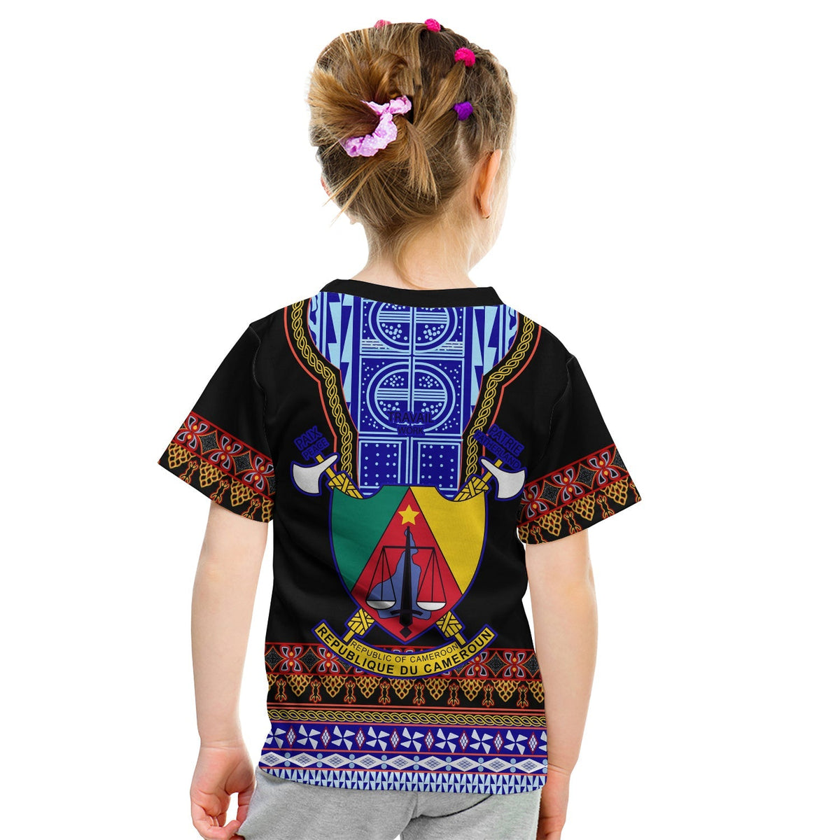 Kinder-T-Shirt schwarz mit Rückenmotiv und blauem Atoghu-Pattern