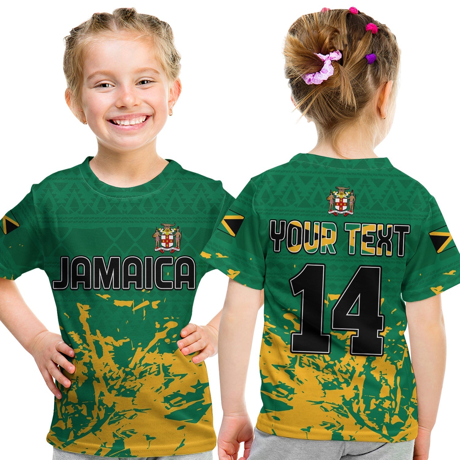 (Custom Text and Number) Jamaica Athletics T Shirt KID Jamaican Flag With African Pattern Sporty Style - Wonder Print Shop