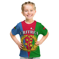 Kids Eritrea T-shirt front view red/blue/green with ERITREIA lettering and tree symbol