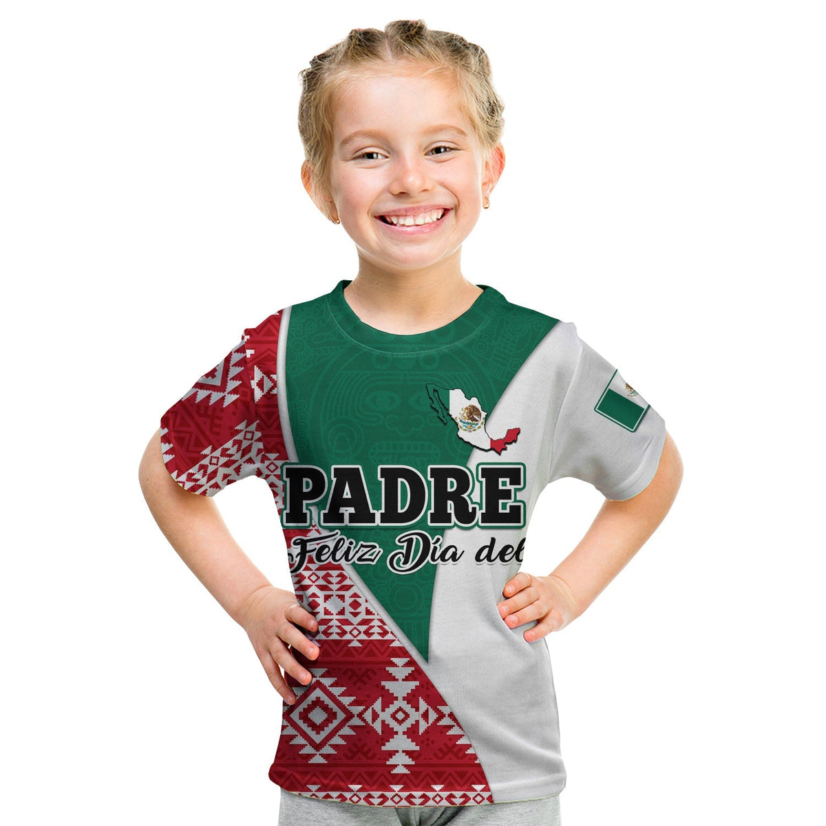Kids graphic T-shirt with 'PADRE' and 'Feliz Día de...' on green/gray panels