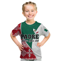 Kids graphic T-shirt with 'PADRE' and 'Feliz Día de...' on green/gray panels