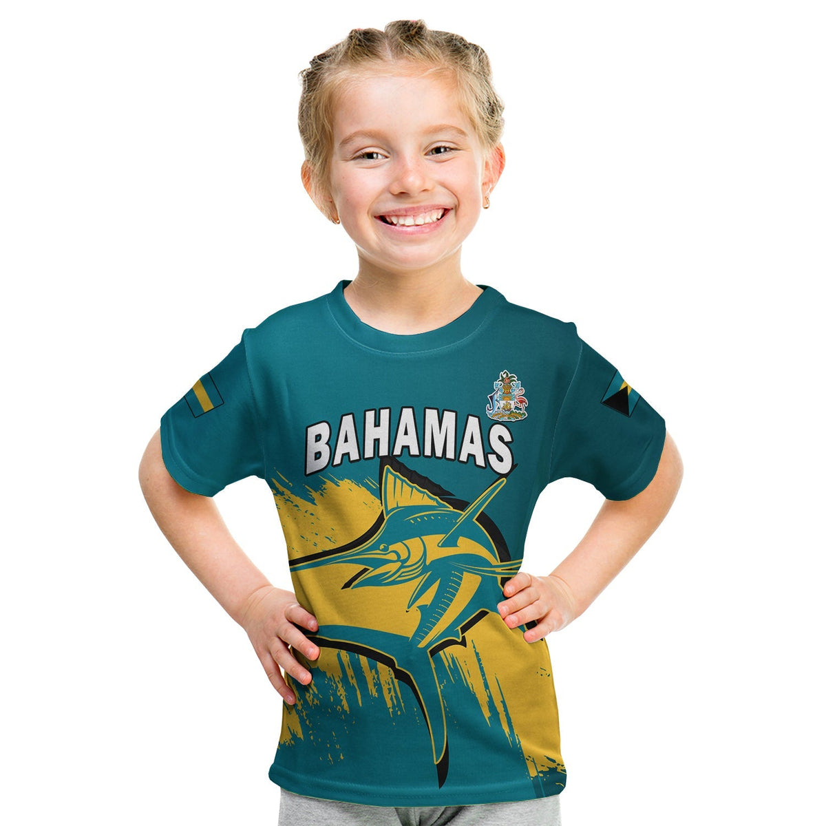 Kids teal T-shirt: 'BAHAMAS' text with blue marlin and coat of arms graphic